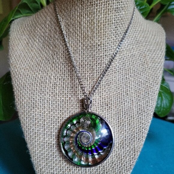 Silver, Turquoise, Green, Blue, Gold Swirls Glass Pendant Necklaces - Picture 4 of 6
